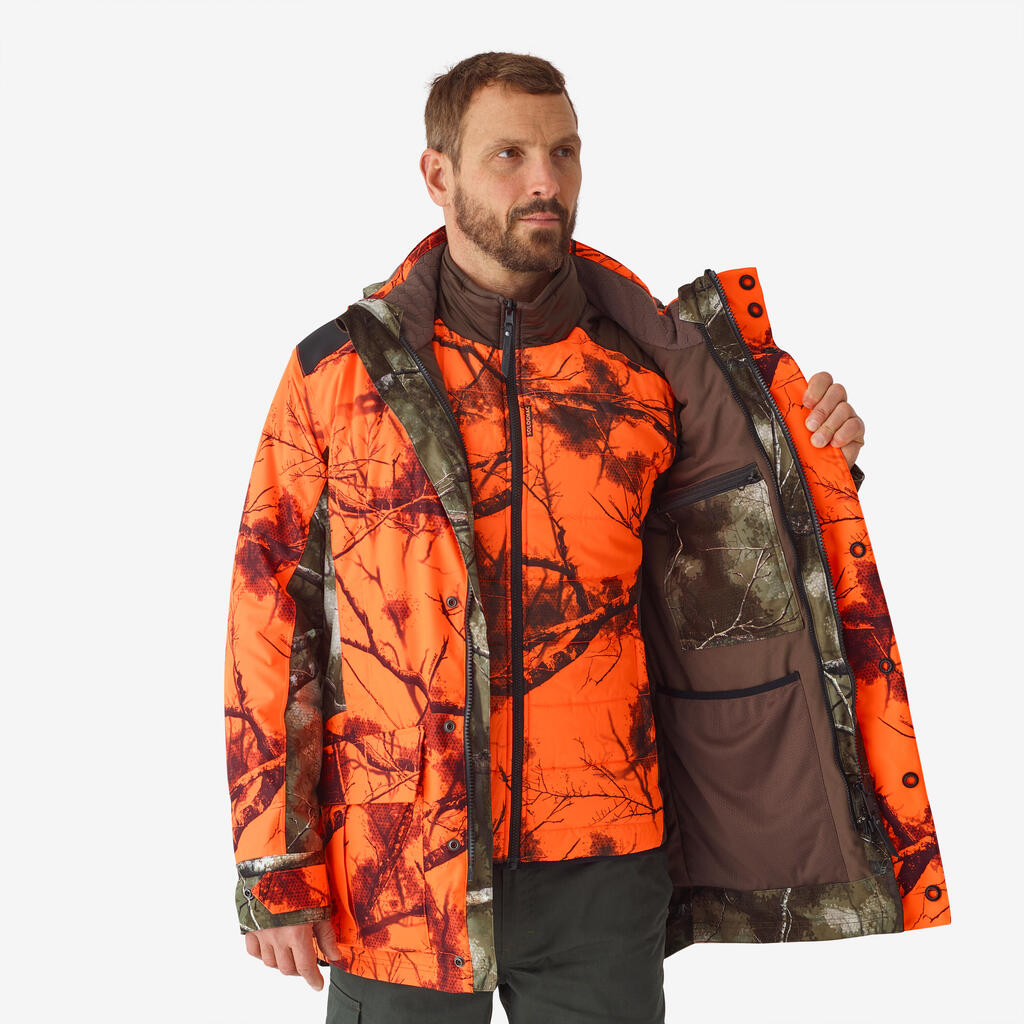 DRIVE HUNTING JACKET WARM AND WATERPROOF 500 3-IN-1 TREEMETIC NEON